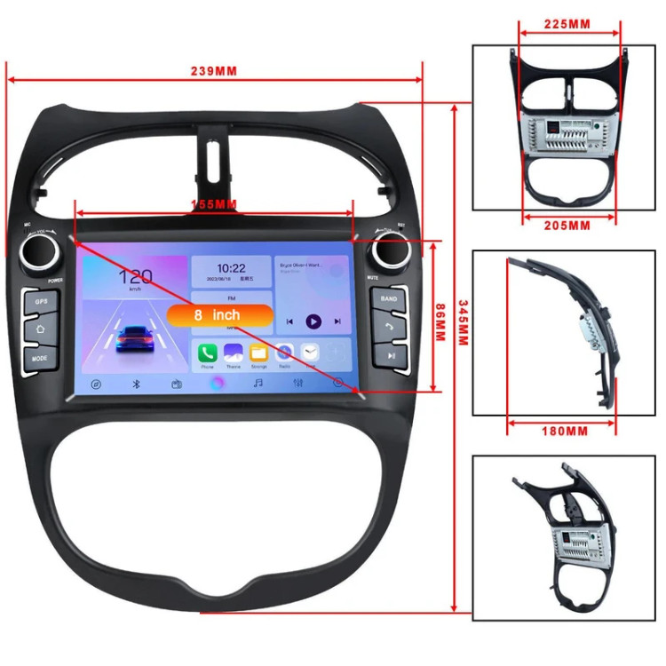 مانیتور۸ اینچ اندروید فابریک ولوم برجسته شرکتی پژو 206 ولوم دار مدل M300 برند اسکرین تک